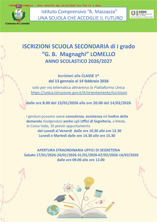 
Iscrizioni alla Scuola Secondaria di Primo Grado â€œG. B. Magnaghiâ€  di LOMELLO
ANNO SCOLASTICO 2026/2027